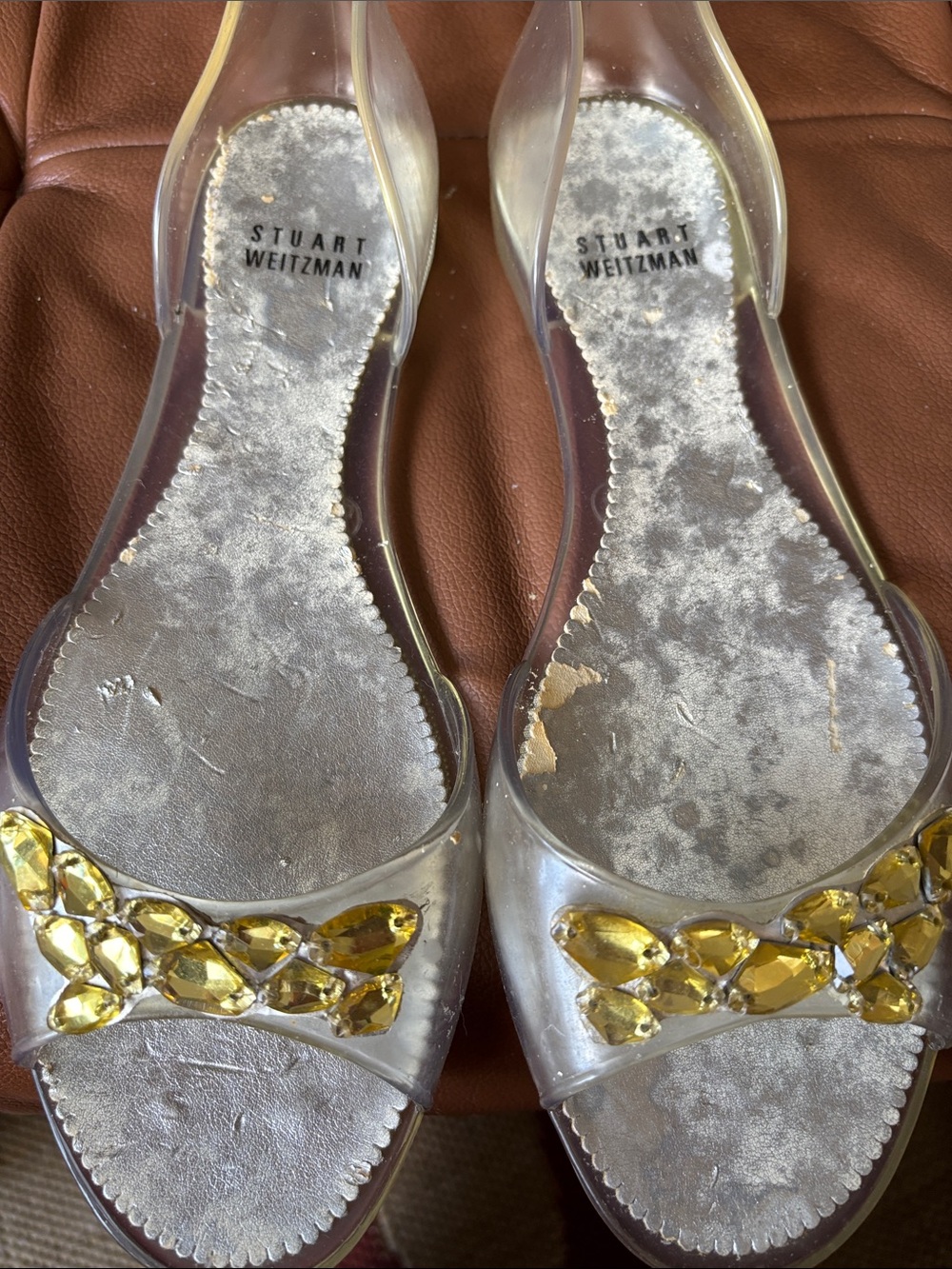 Stuart Weitzman Clear d’OrsayJelly Sandals with Yellow Gem Accents